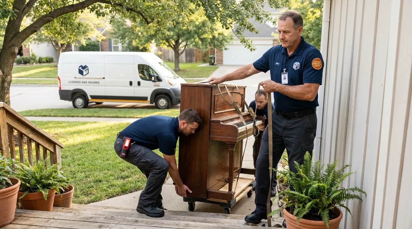 Licensed piano movers securing grand piano in Vance, AL
