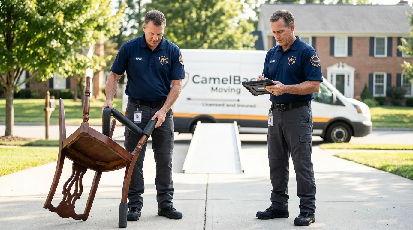 Movers inspecting furniture for damage prevention before loading in Vance, AL