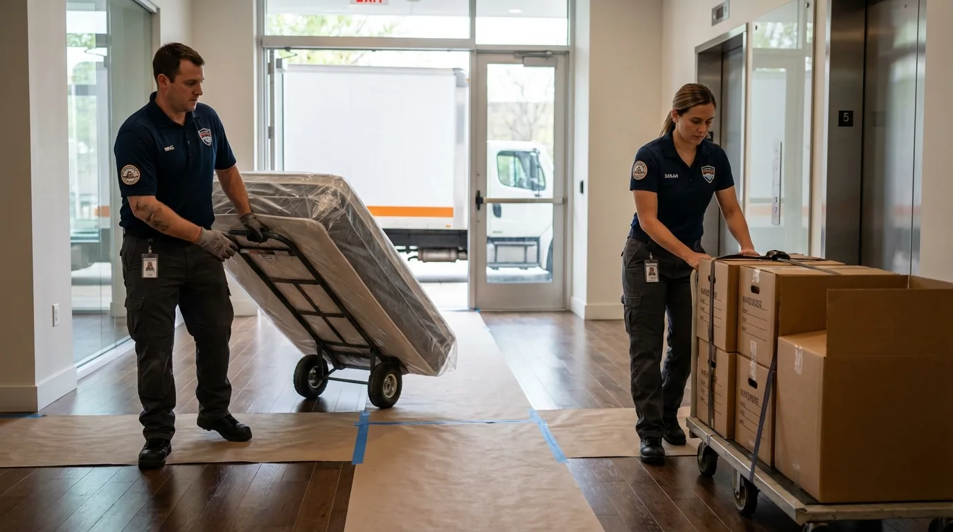 Professional apartment movers loading elevator in Vance, AL
